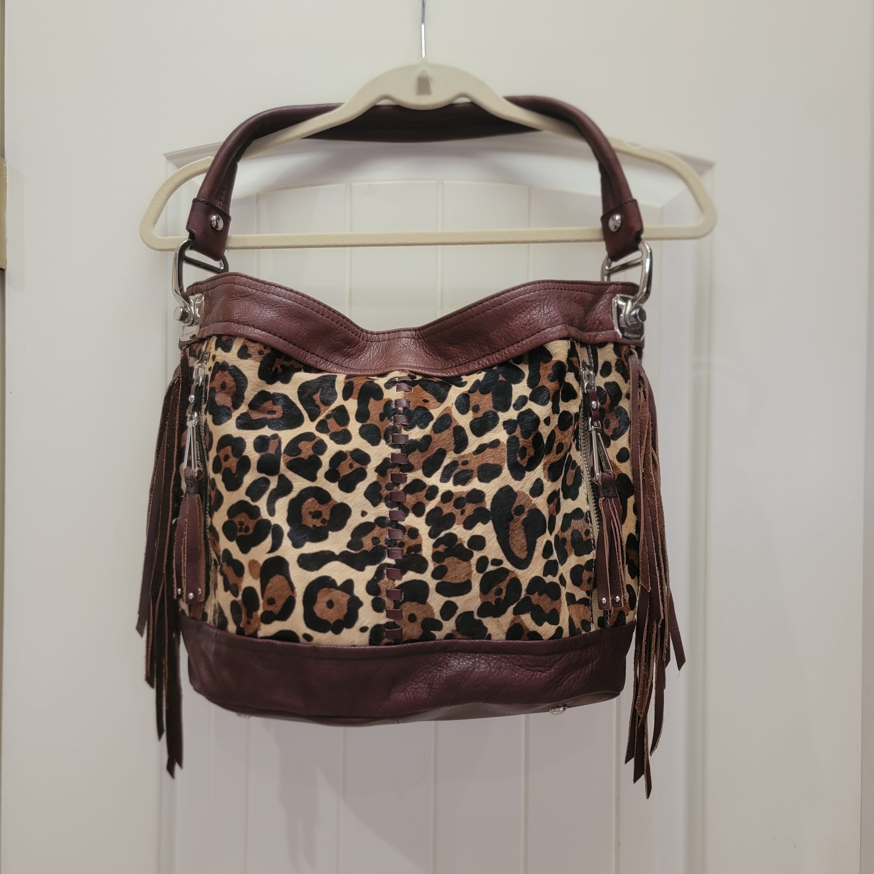 B Makowsky Andrea Haircalf & Glove Leather Bucket Hobo W/ Fringe